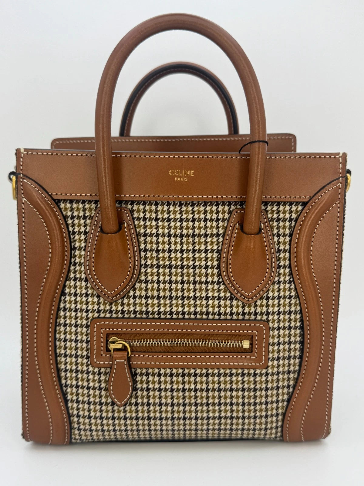 Celine Luggage Nano Tote Houndstooth Tweed & Tan Leather Top Handle Shoulder - PRELOVED