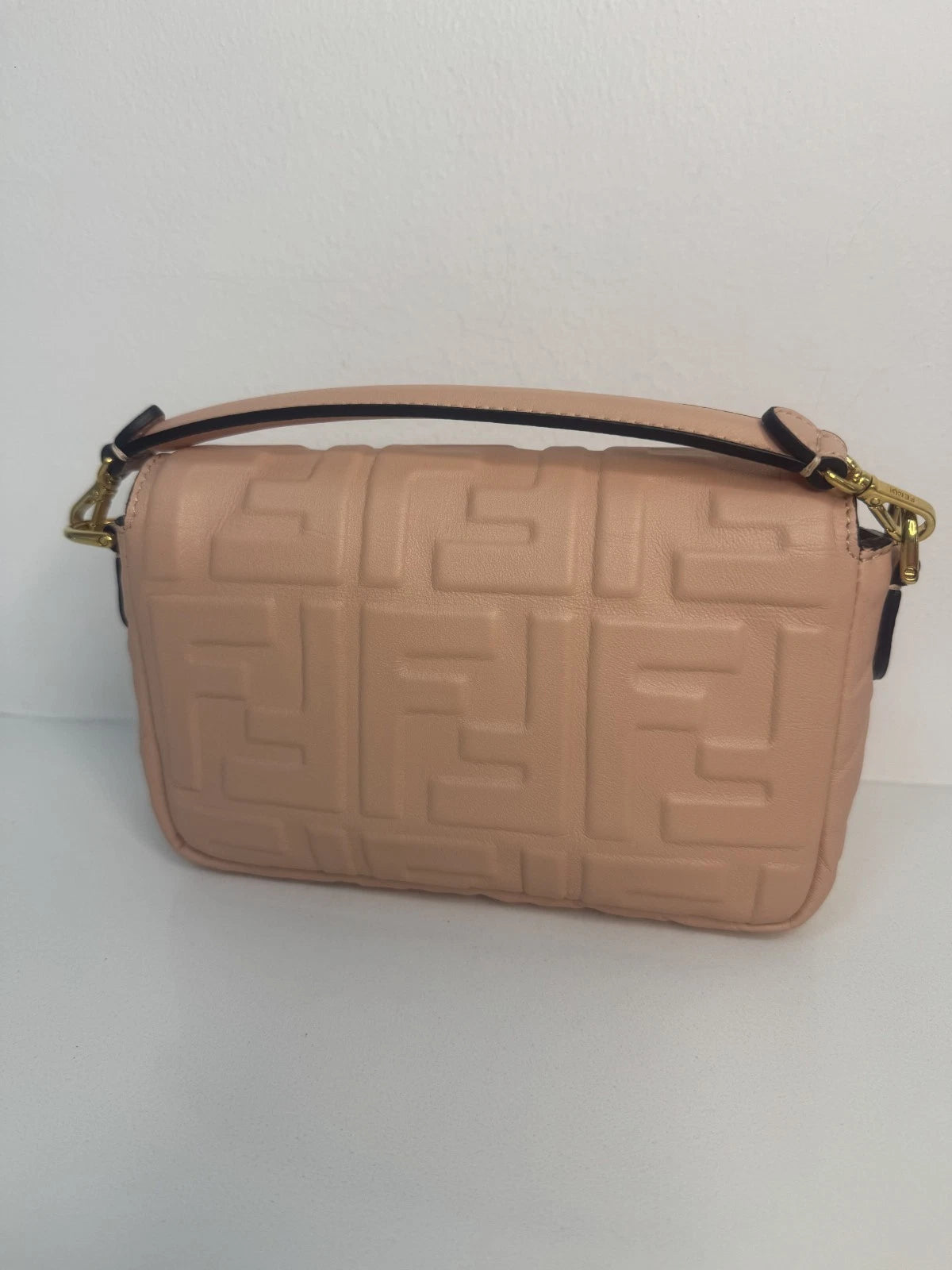 Fendi Pink Leather FF Embossed Nano Baguette Shoulder Bag with Gold Hardware