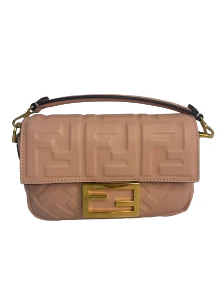 Fendi Pink Leather FF Embossed Nano Baguette Shoulder Bag with Gold Hardware