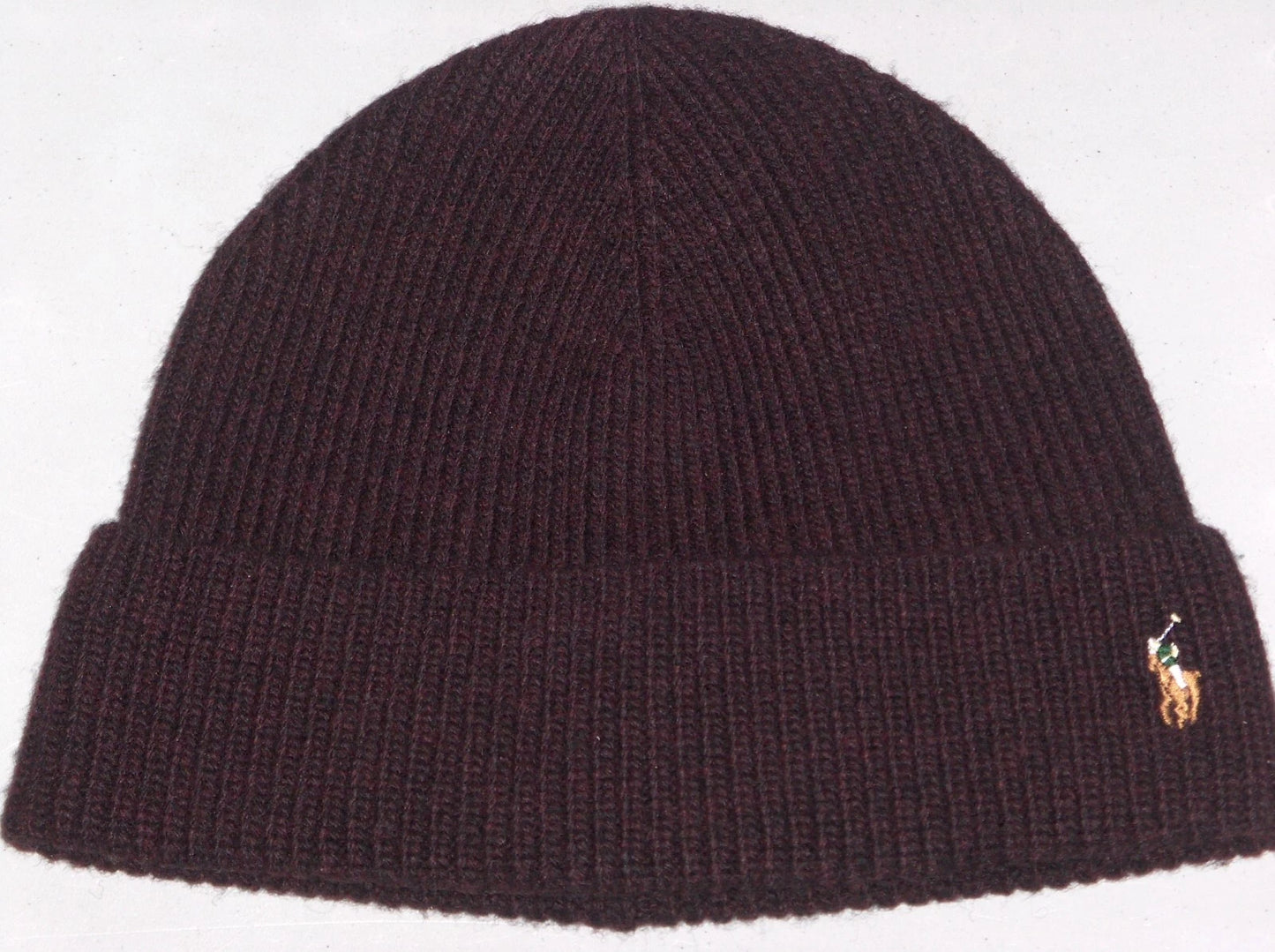 POLO RALPH LAUREN Men's Wool Rib Knit Pony Beanie Hat, Ski Cap, WINE BURGUNDY