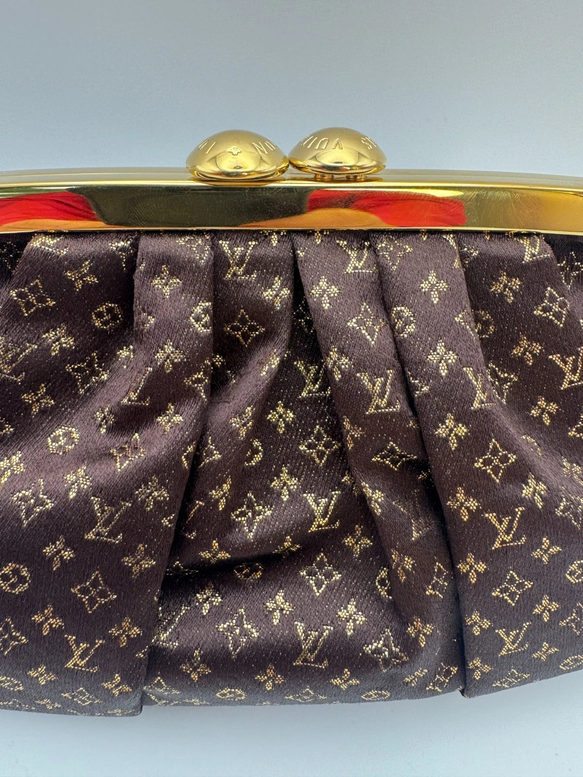 Louis Vuitton Monogram Satin Kiss Lock Clutch Evening Bag Brown Gold