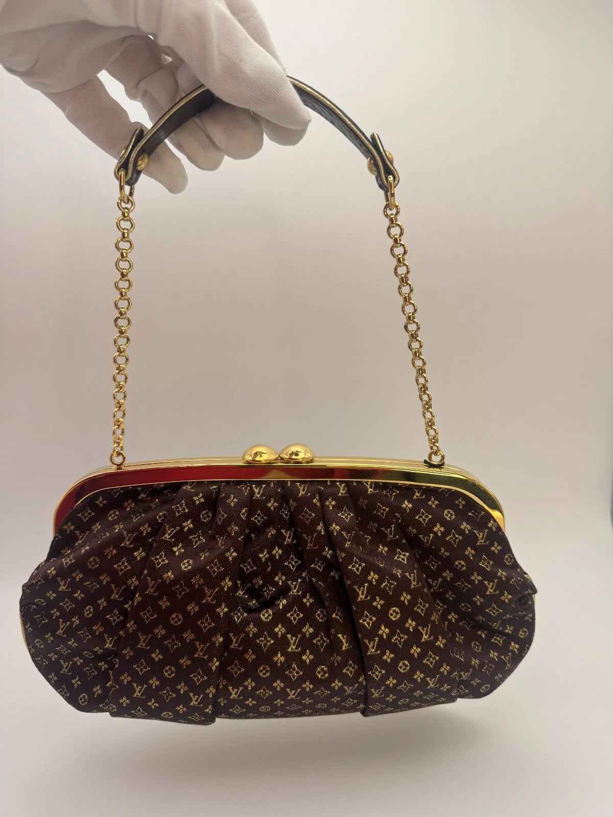 Louis Vuitton Monogram Satin Kiss Lock Clutch Evening Bag Brown Gold