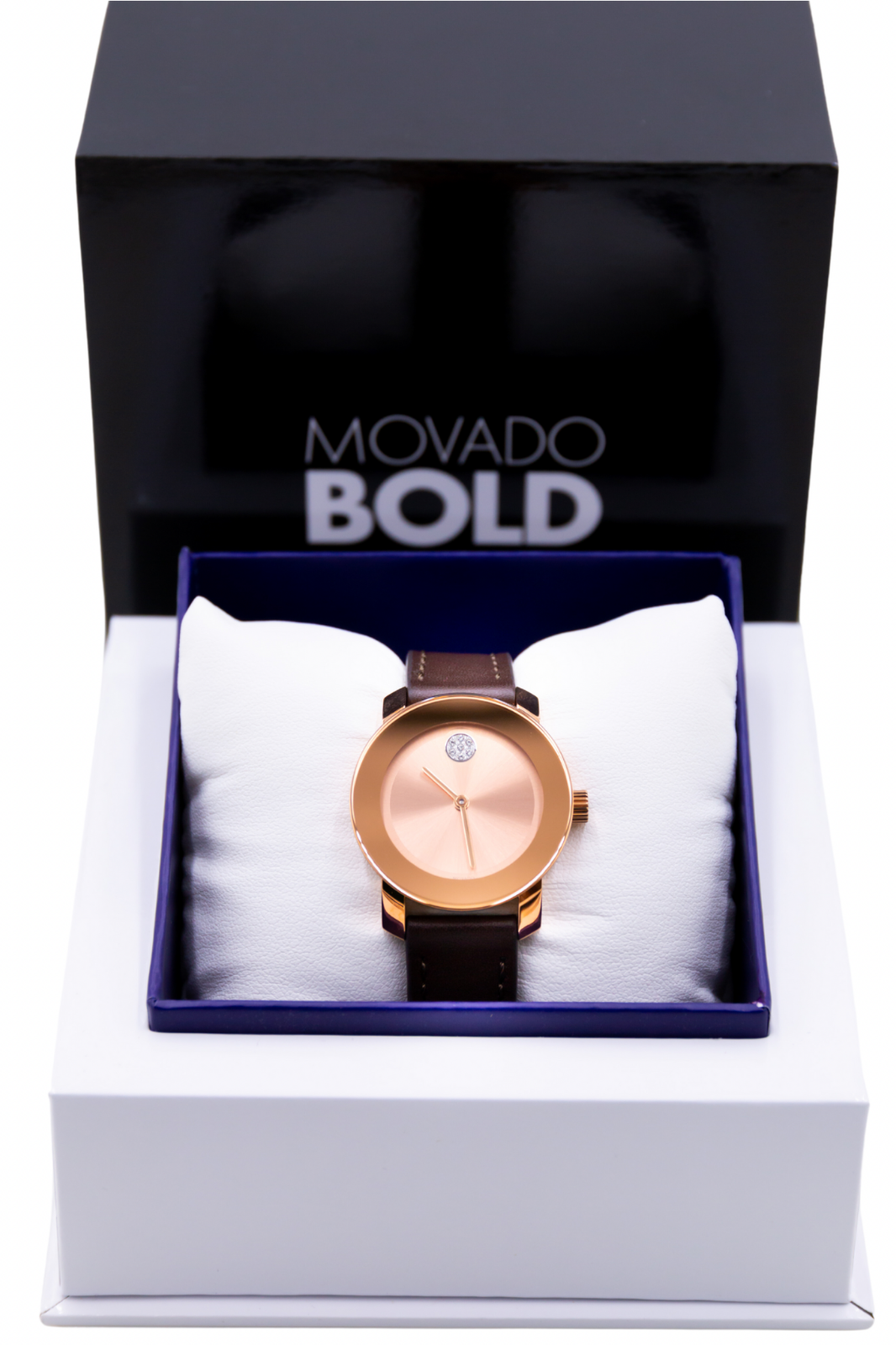 Movado Bold Rose Dial Brown Leather Ladies Watch 3600438 - Rose Gold PVD Case