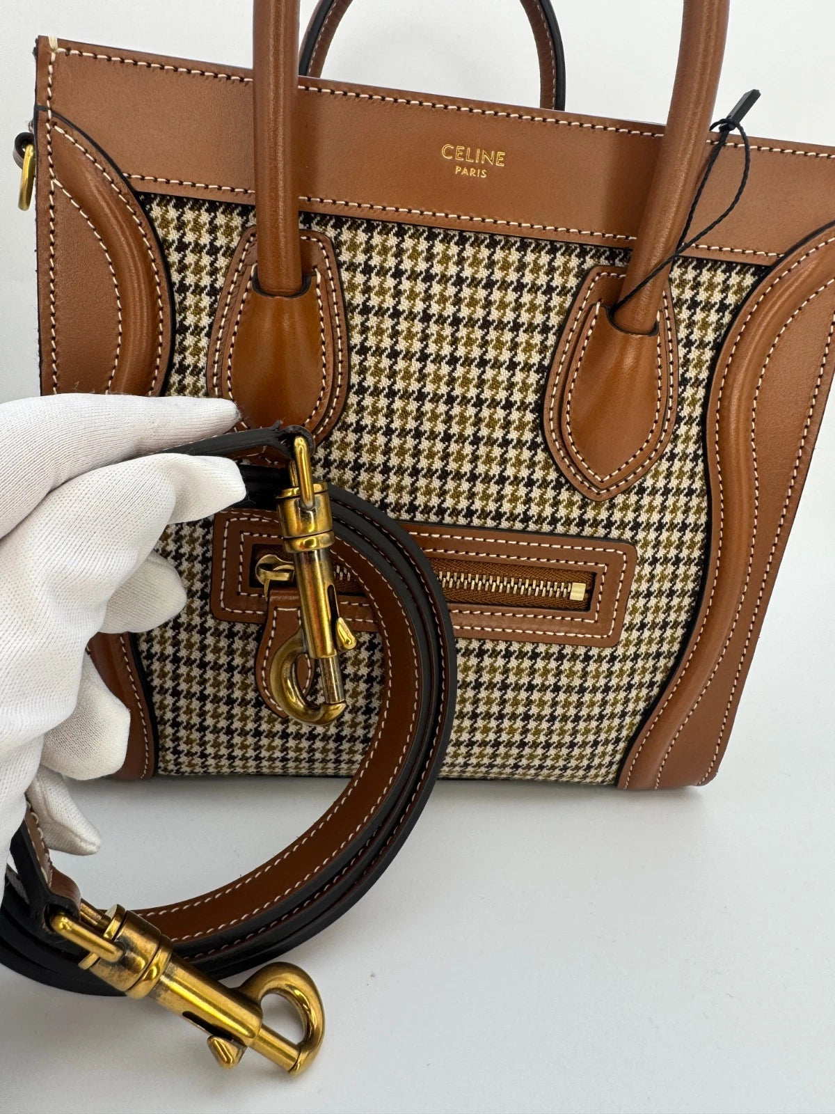 Celine Luggage Nano Tote Houndstooth Tweed & Tan Leather Top Handle Shoulder - PRELOVED