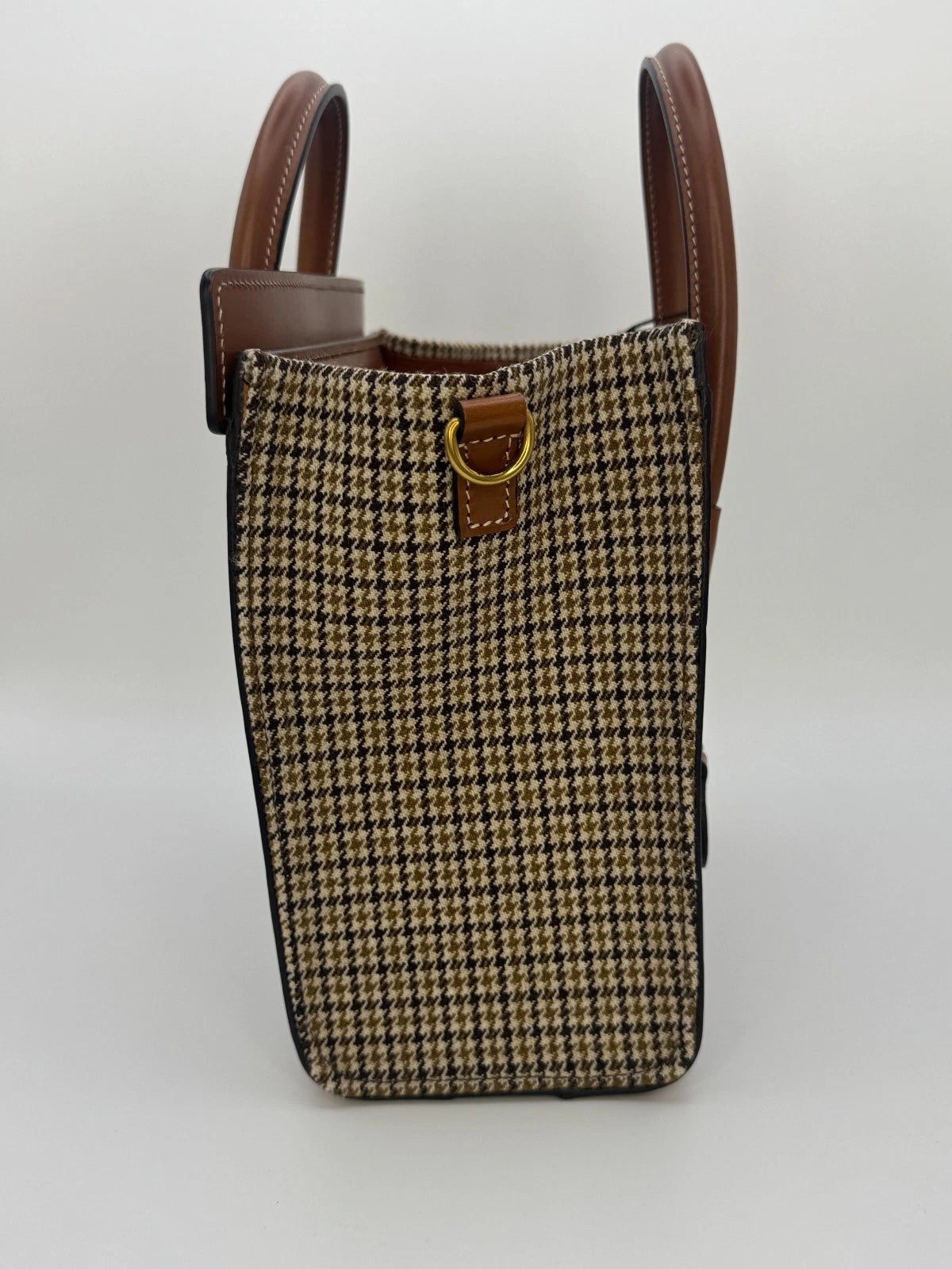 Celine Luggage Nano Tote Houndstooth Tweed & Tan Leather Top Handle Shoulder - PRELOVED