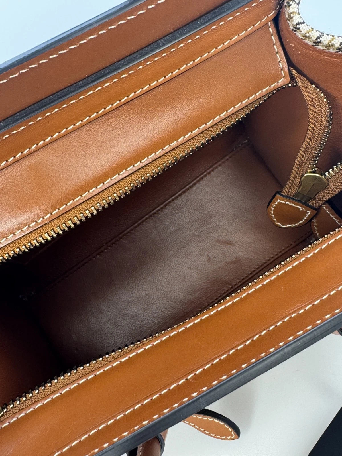 Celine Luggage Nano Tote Houndstooth Tweed & Tan Leather Top Handle Shoulder - PRELOVED