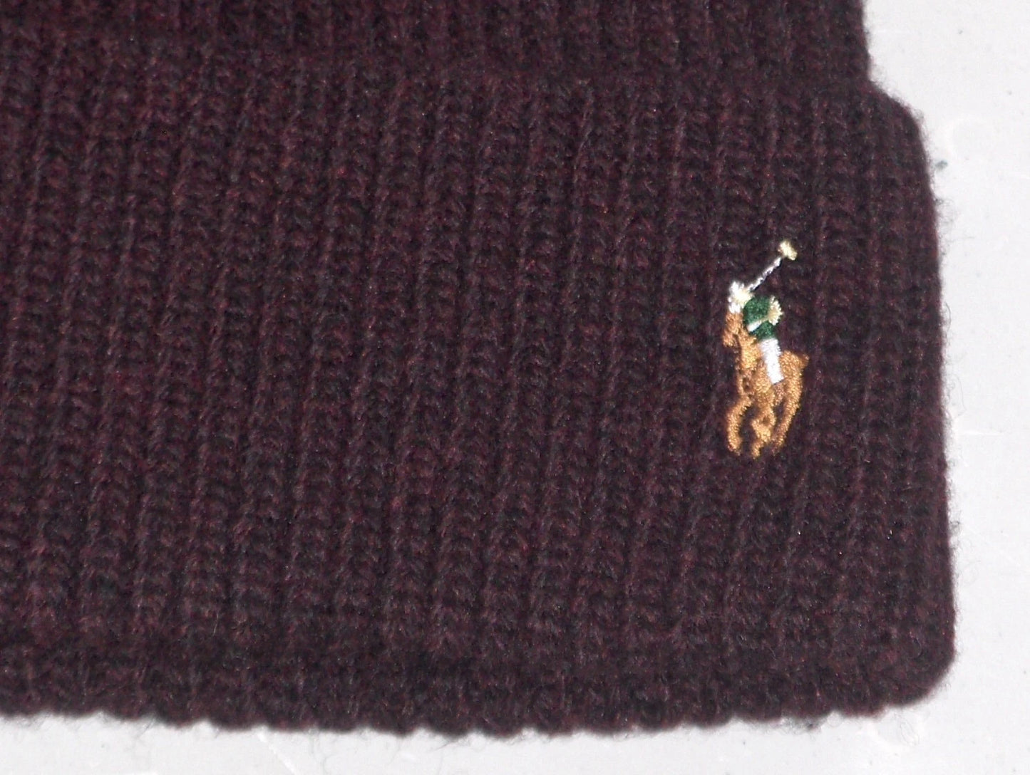 POLO RALPH LAUREN Men's Wool Rib Knit Pony Beanie Hat, Ski Cap, WINE BURGUNDY