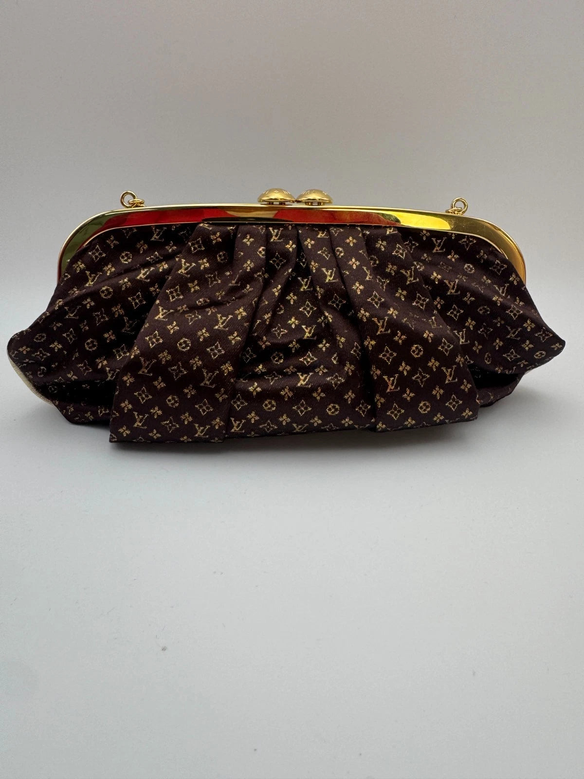 Louis Vuitton Monogram Satin Kiss Lock Clutch Evening Bag Brown Gold
