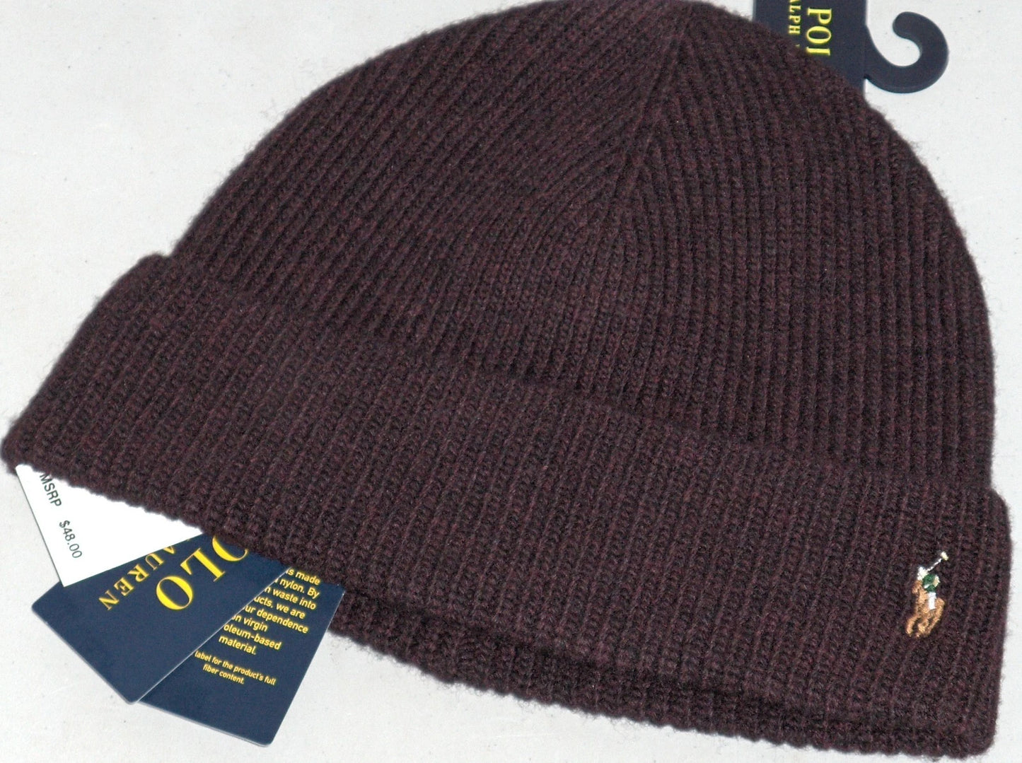 POLO RALPH LAUREN Men's Wool Rib Knit Pony Beanie Hat, Ski Cap, WINE BURGUNDY