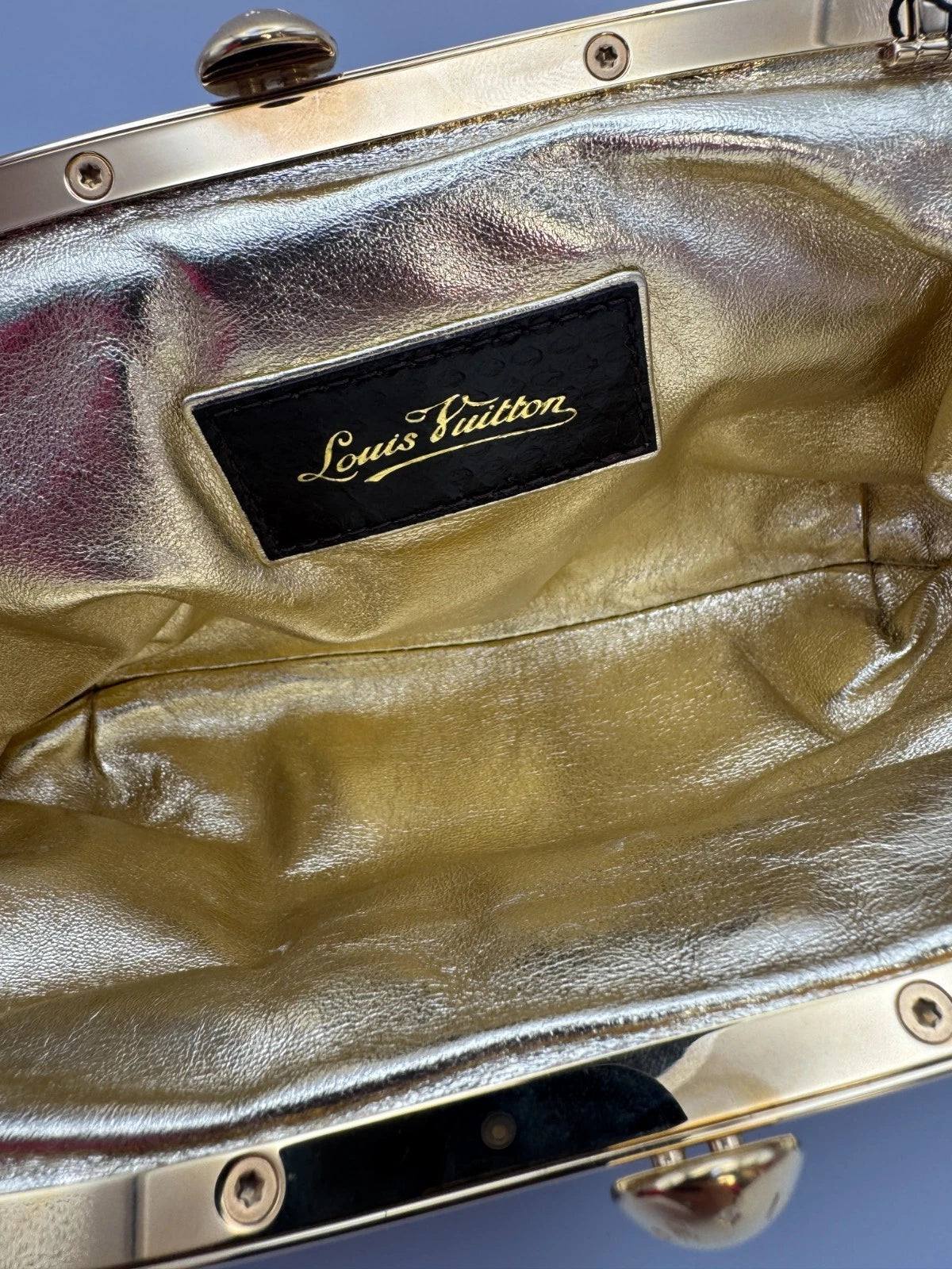 Louis Vuitton Monogram Satin Kiss Lock Clutch Evening Bag Brown Gold