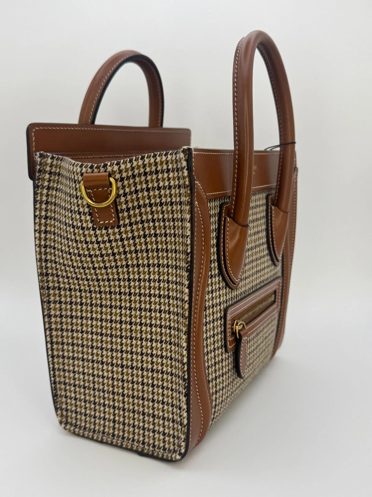 Celine Luggage Nano Tote Houndstooth Tweed & Tan Leather Top Handle Shoulder - PRELOVED