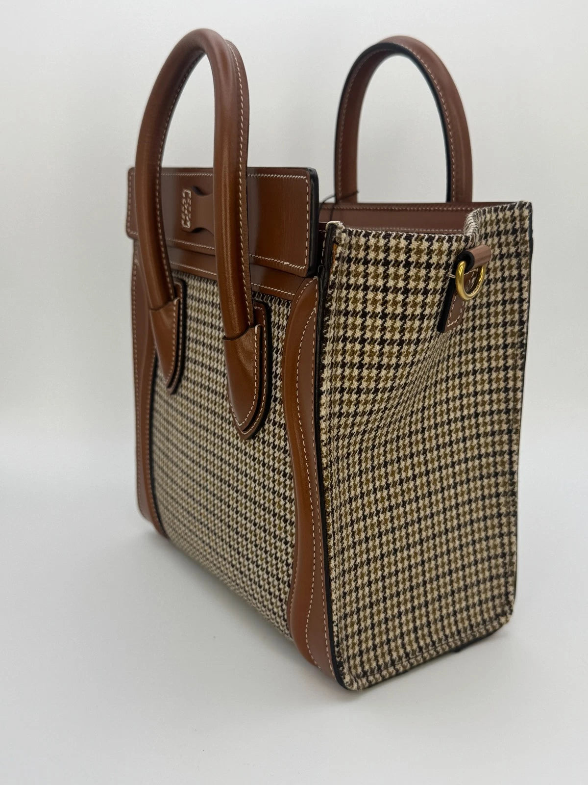 Celine Luggage Nano Tote Houndstooth Tweed & Tan Leather Top Handle Shoulder - PRELOVED