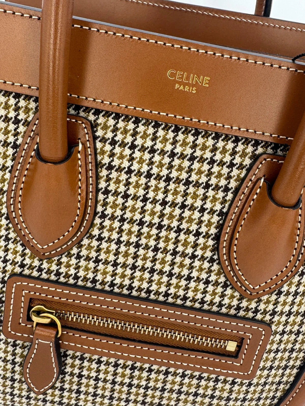 Celine Luggage Nano Tote Houndstooth Tweed & Tan Leather Top Handle Shoulder - PRELOVED