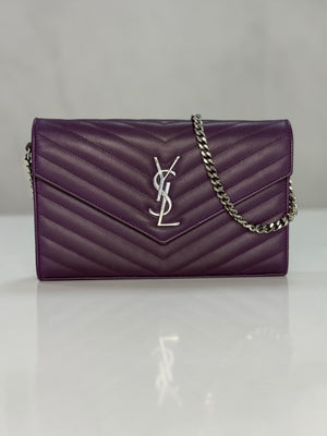 Saint Laurent Cassandre Envelope Chain Wallet Purple Chevron Grain de Poudre Leather WOC – additional photo 17