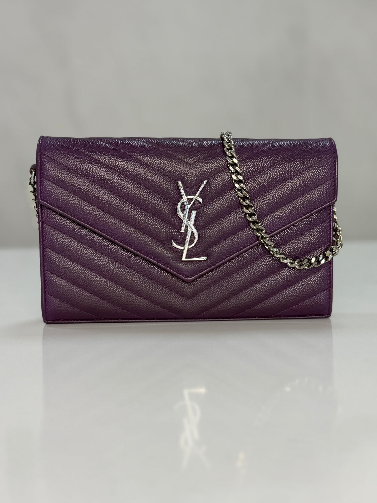 Saint Laurent Cassandre Envelope Chain Wallet Purple Chevron Grain de Poudre Leather WOC – additional photo 17