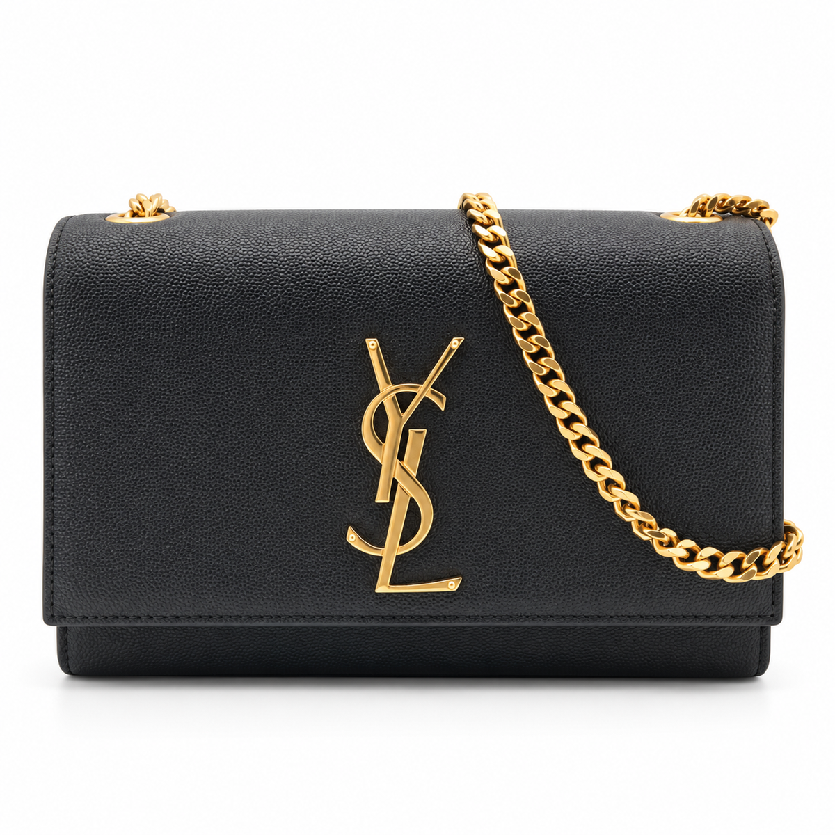 Saint Laurent Kate Black Grain de Poudre Leather Chain Wallet Clutch Gold YSL Logo