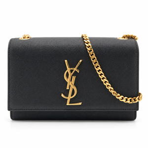 Saint Laurent Kate Black Grain de Poudre Leather Chain Wallet Clutch Gold YSL Logo
