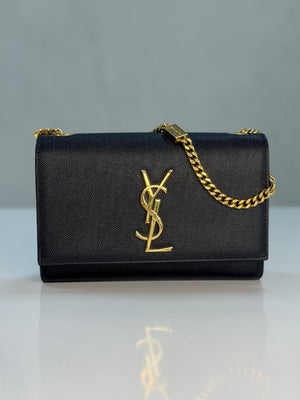 Saint Laurent Kate Black Grain de Poudre Leather Chain Wallet Clutch Gold YSL Logo – additional photo 2