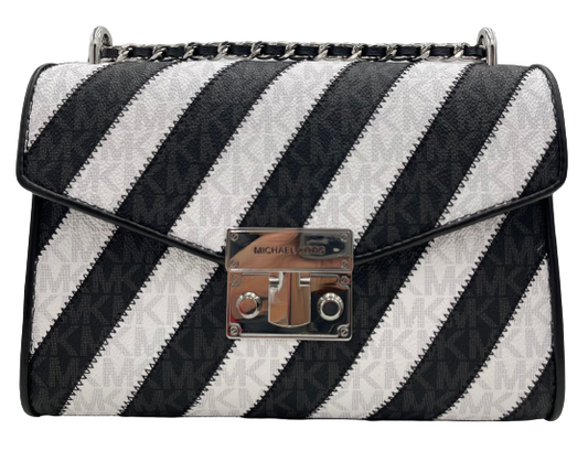 Michael Kors Rose Medium Signature Black & White Striped Flap Shoulder Crossbody