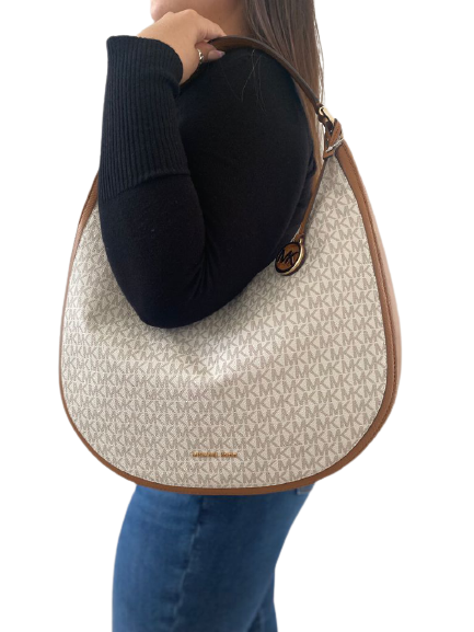 Michael Kors Lydia Signature Logo Large Hobo Shoulder Bag Vanilla/Brown