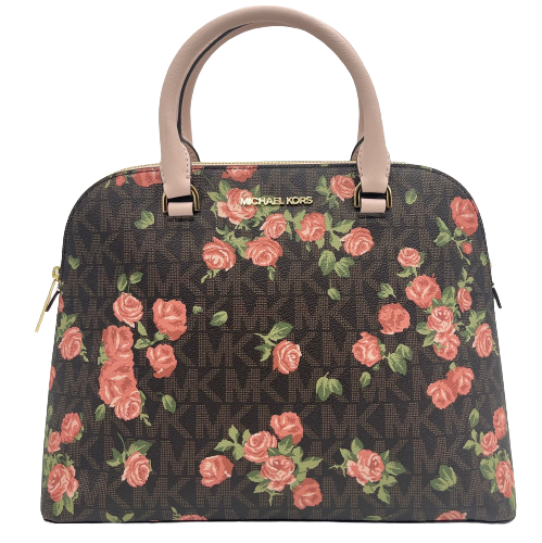 Michael Kors Cindy Brown Signature Logo Floral Dome Satchel