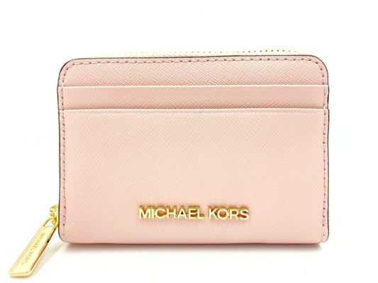 Michael Kors Jet Set Travel Leather Card Case Zip Wallet Powder Blush Pink