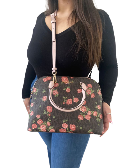 Michael Kors Cindy Brown Signature Logo Floral Dome Satchel