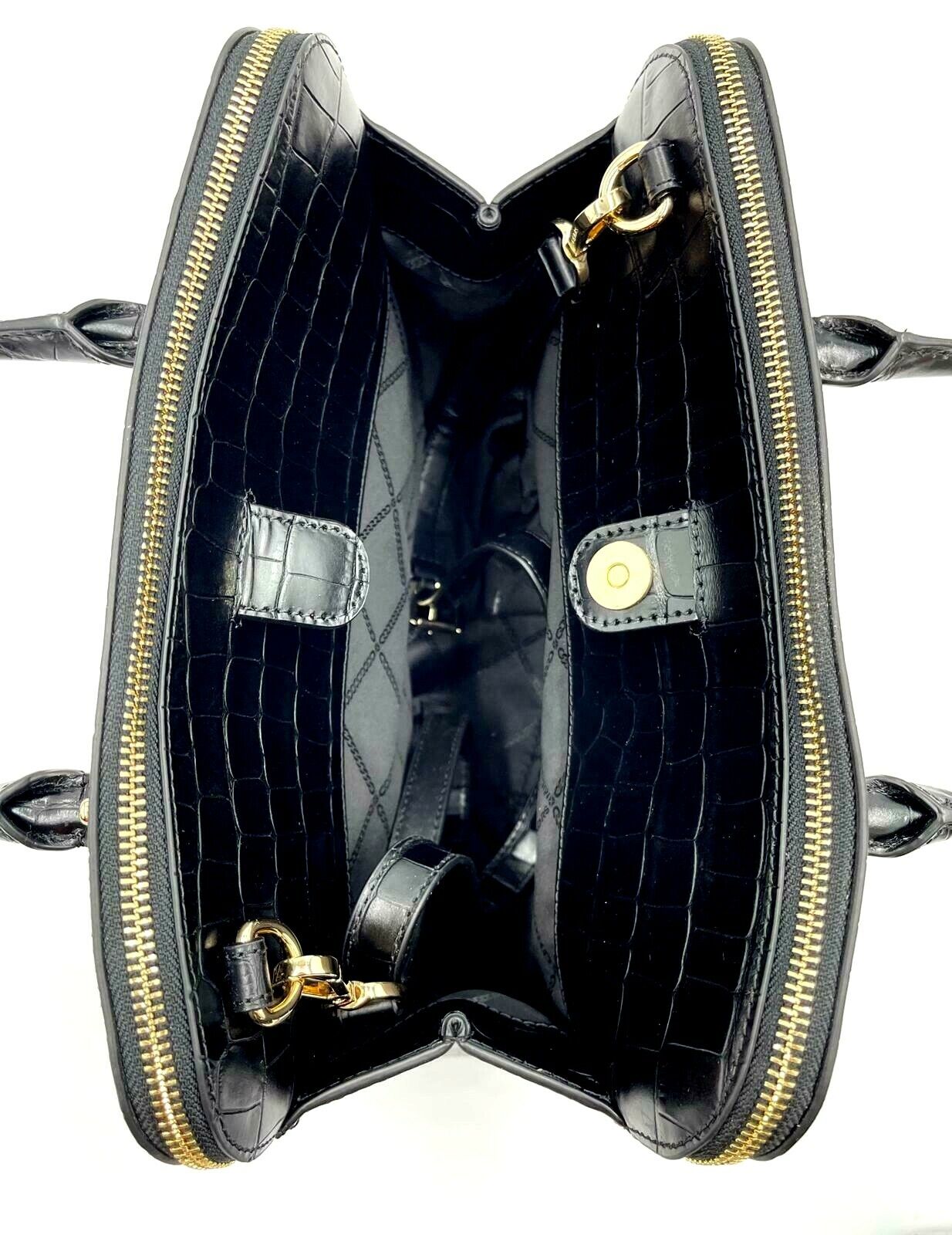 Michael Kors Houston Black Croc Embossed Leather Double Zip Satchel