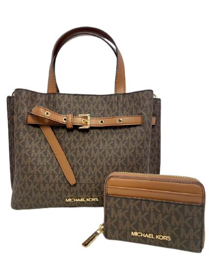 Michael Kors Emilia Signature Brown Satchel Crossbody and Wallet Combo