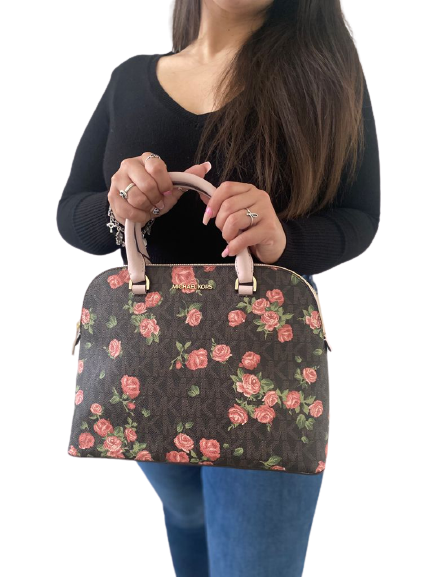 Michael Kors Cindy Brown Signature Logo Floral Dome Satchel